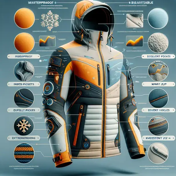 Мъж и жена облечени в стилни ски якета на снежен планински фон