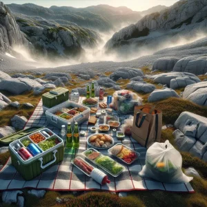 Организиран пикник в планината с правилно съхранение на храна, вода и отпадъци