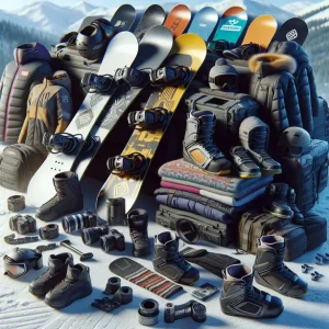 Сноуборд гардероб Банско с дъски, обувки и якета за сноубордисти