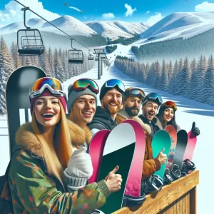 Сноуборд под наем до лифта Банско на фона на заснежен планински склон