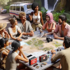 Турист, задаващ въпроси на гид по време на брифинг преди тур