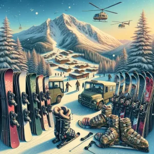 Ски оборудване под наем до лифта Банско с планински пейзаж на заден план